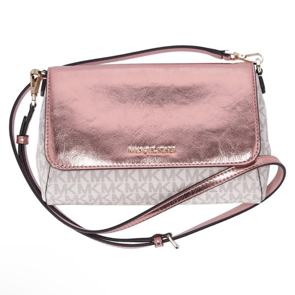 Michael Kors Jet Set MD Convertible Pouchette Crossbody Vanilla MK Pink Metallic - Picture 3 of 11